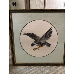 Vintage Asian Handmade Embroidery Art Golden Eagle Stitched With Amazing Detail